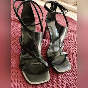 DKNY Glossy Black Strappy Heels 9